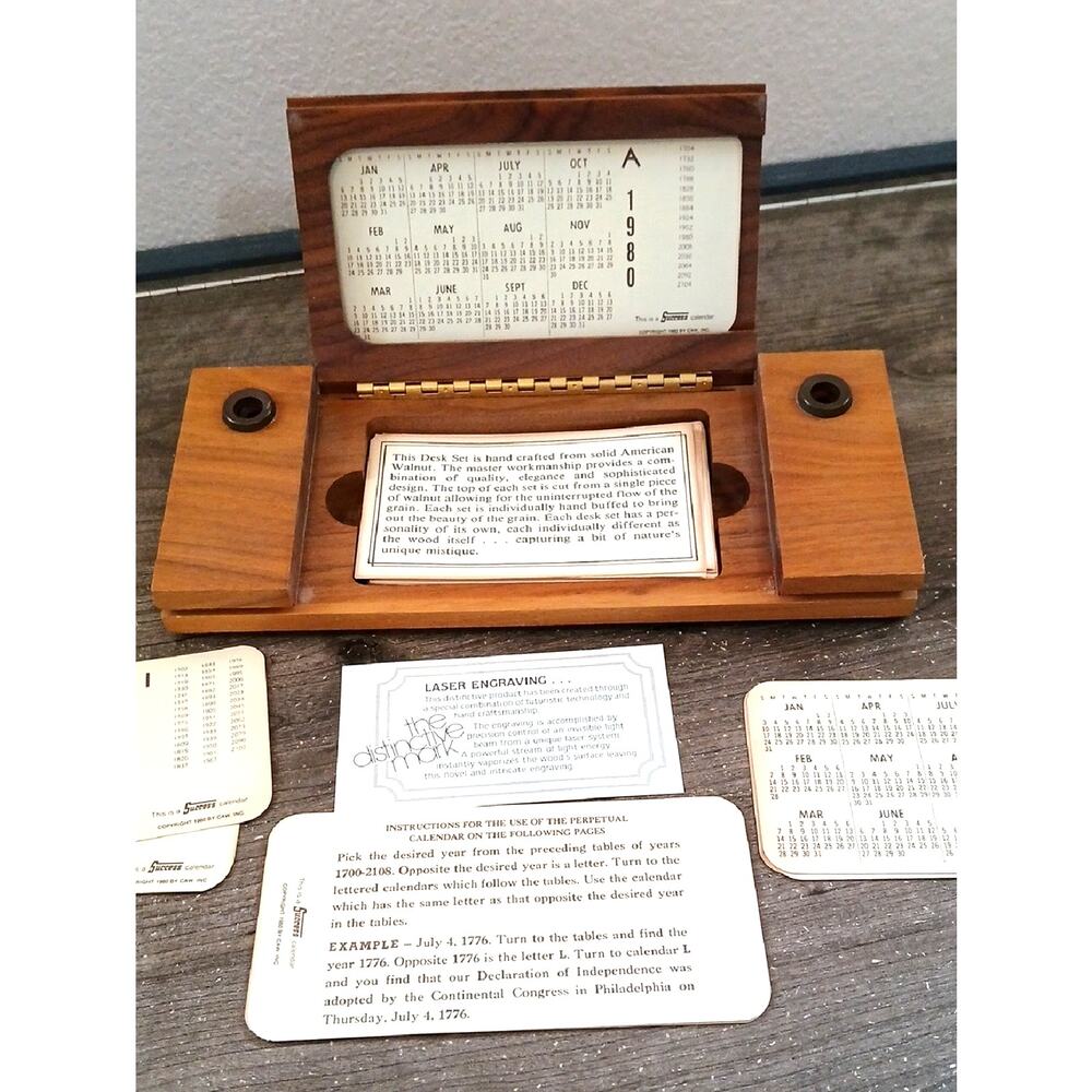 Vintage 1980 Success Wood Desk Calendar Eagle Laser Engraved Still Can Use Today